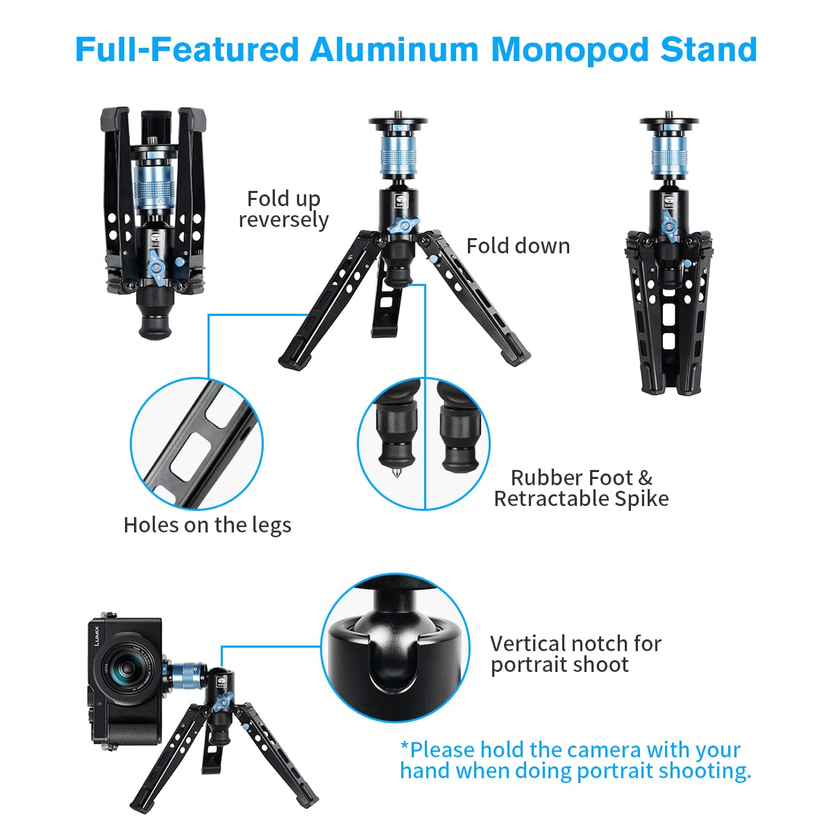 Sirui P 325 Series Camera Monopod, Lightweight Carbon Fiber Monopod With Feet,Professional Monopod For Cameras, 360� Panorama, 5 Section, Quick Release (P 325Fs+Vh 10)